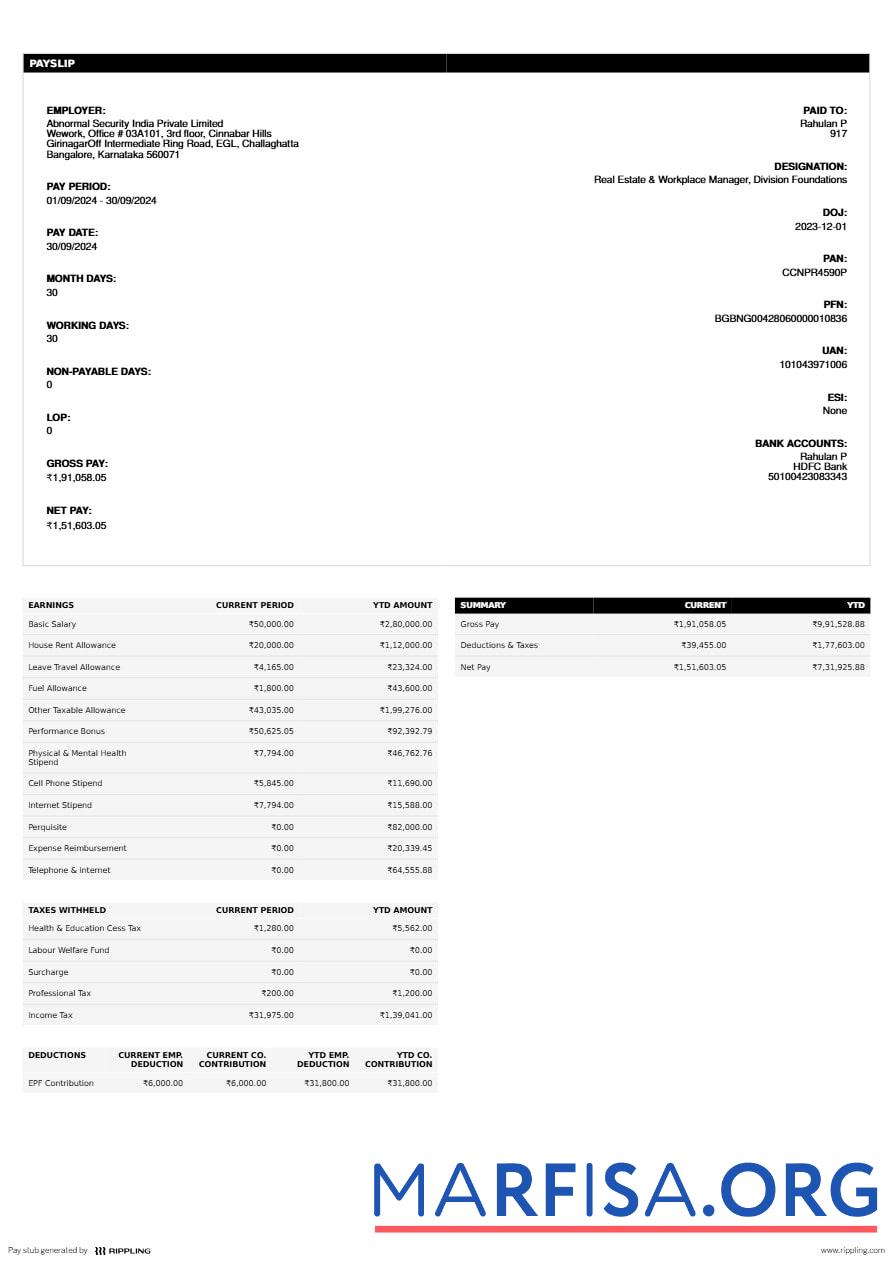 Blank Abnormal Security India Private Limited payslip template